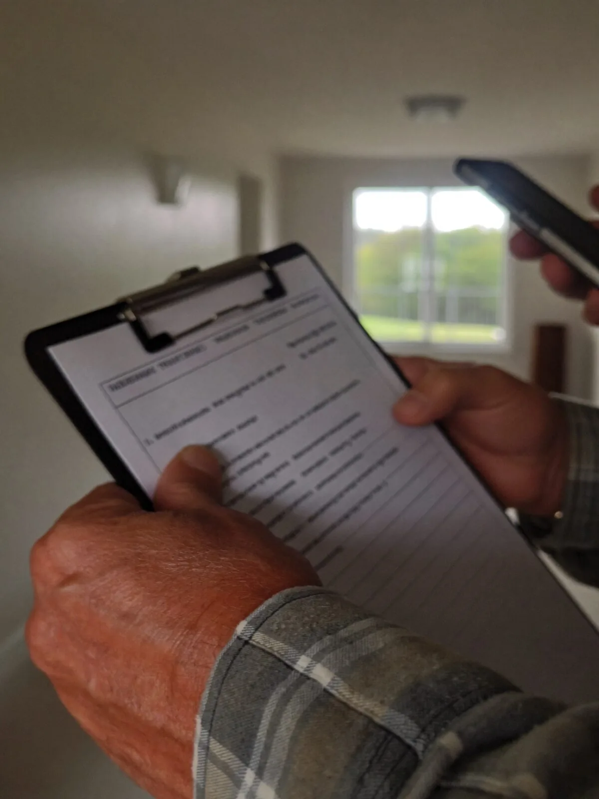 Hands holding an inspection clipboard and a phone during a walkthrough of an empty rental unit