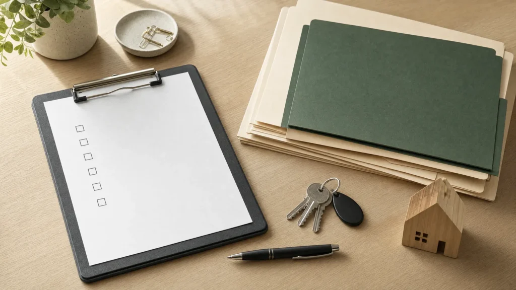 Property management handoff checklist on a clipboard beside file folders, keys, and an access fob.
